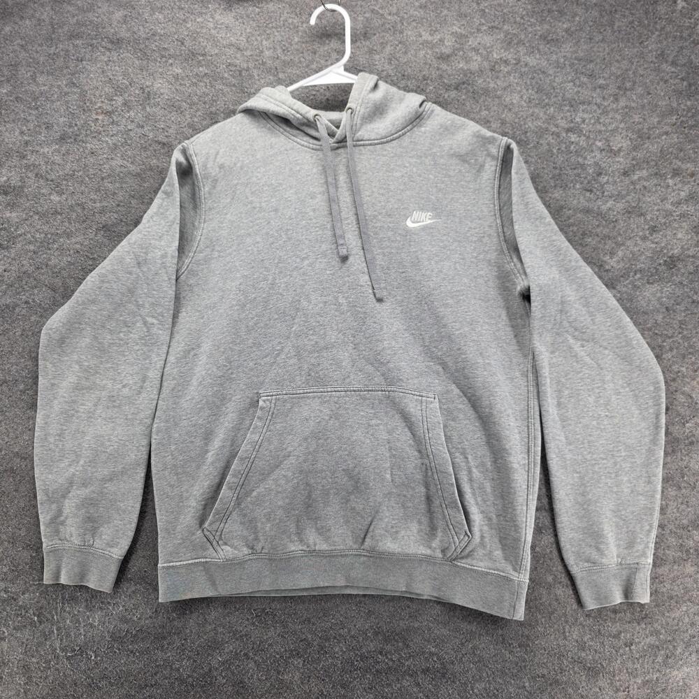 Nike Hoodie Mens M Gray Pullover Hooded Pockets Embroidered Logo Fleece
